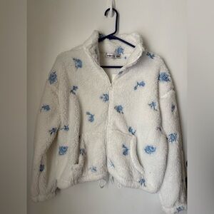 Madden Girl White Sherpa Jacket with Light Blue Rose Embroidery